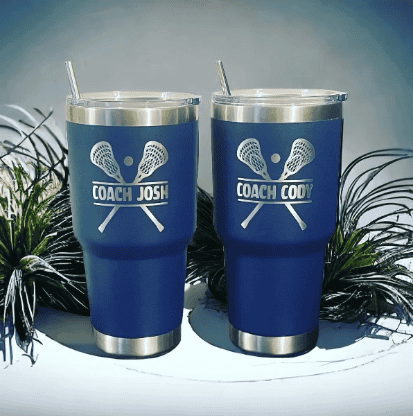 Custom tennis-themed stainless steel tumblers for coaches and sports enthusiasts.