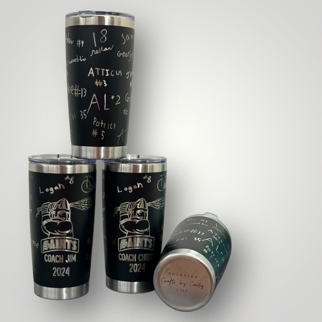 Customized engraved travel mug with sports team and personal name, ideal for gift or everyday use.
