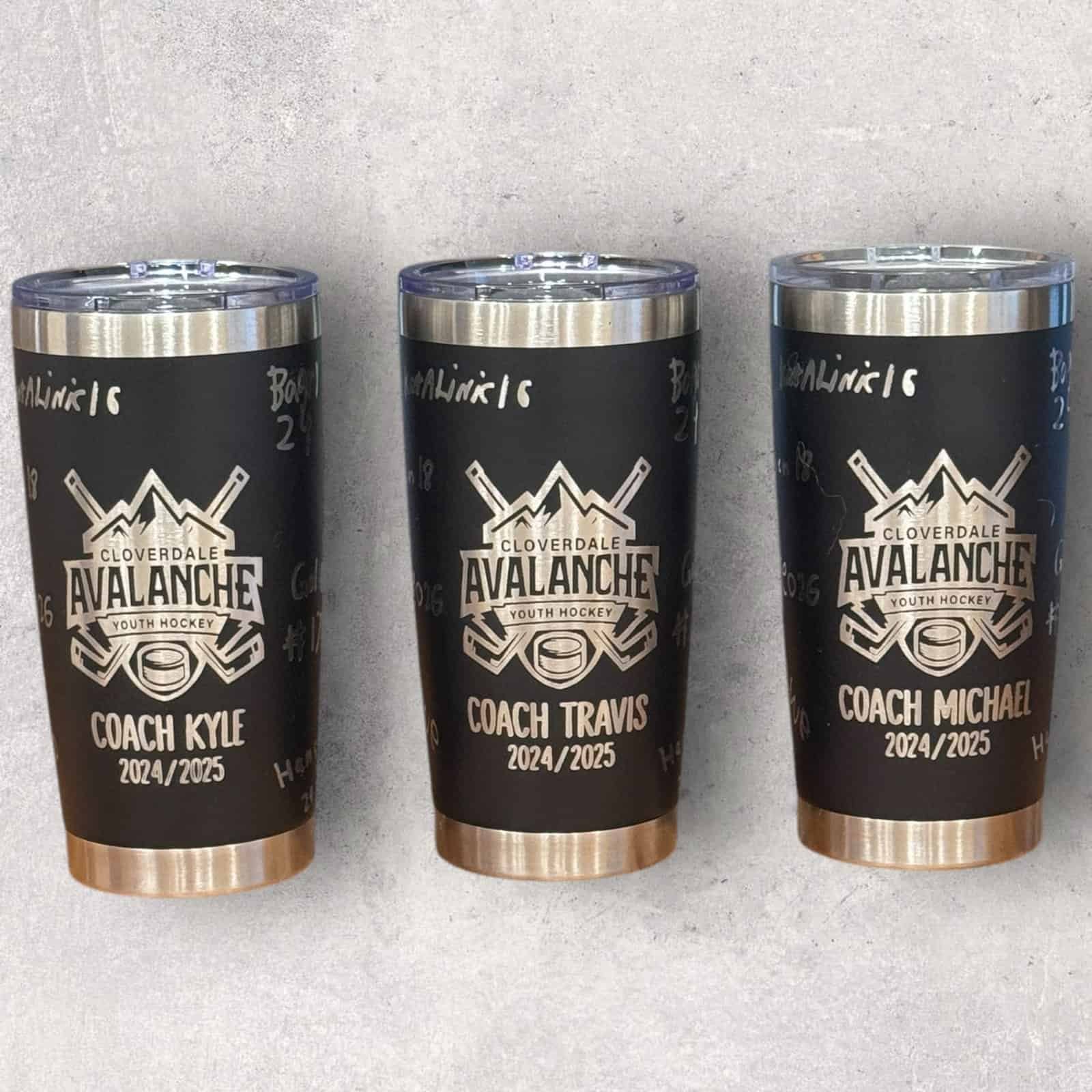 Custom Avalanche Youth Hockey Tumblers with team logos and names, perfect for fans and team spirit.