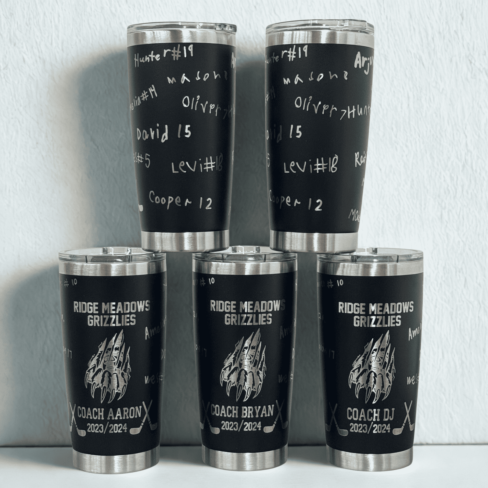 Custom engraved team tumblers for Ridge Meadows Grizzlies hockey coaches, sports team gifts.